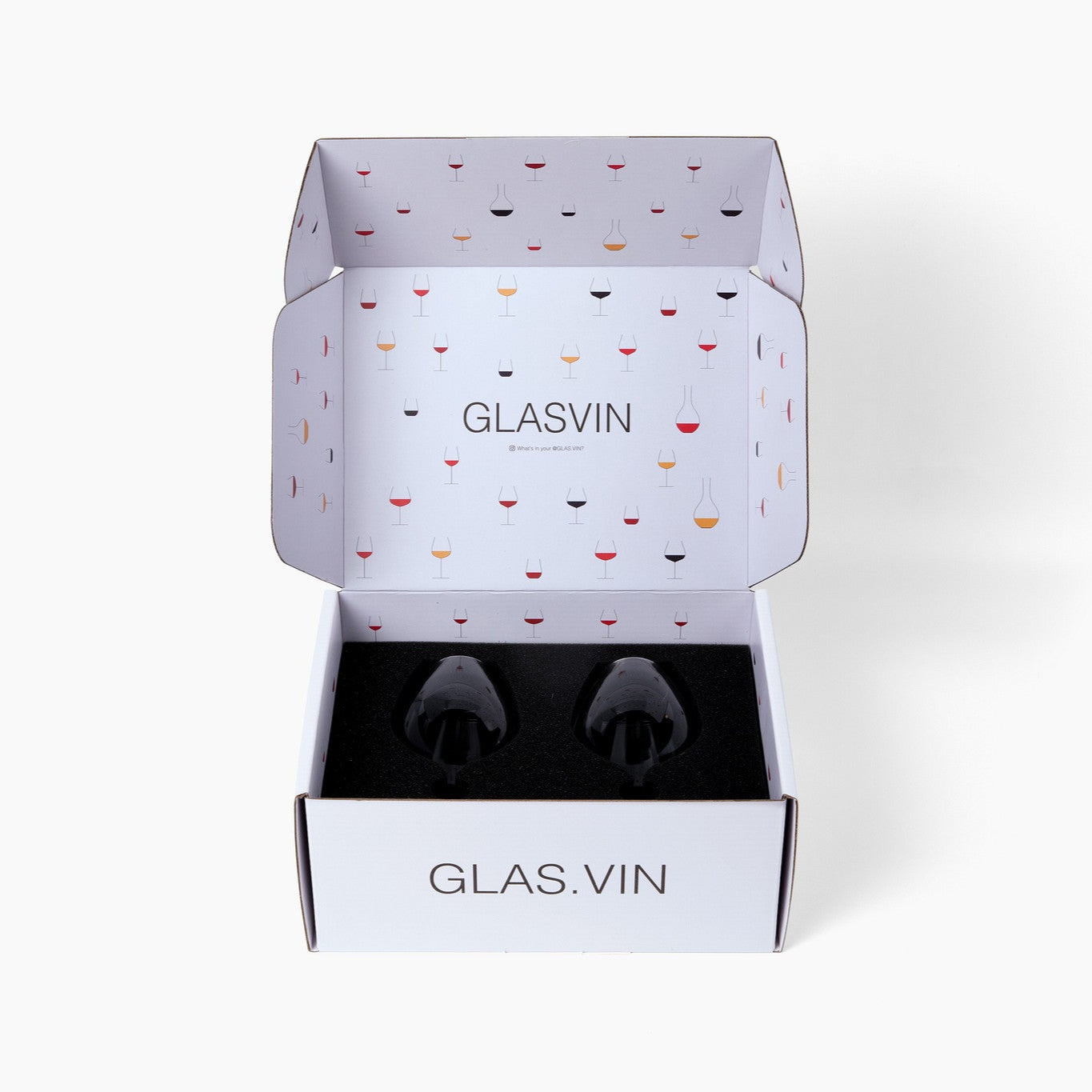 Glasvin wine glasses in a branded box on a white background